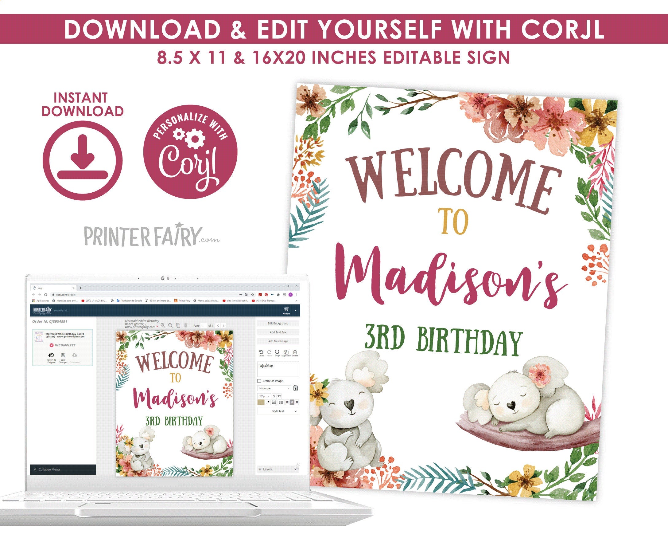 Editable Koala Welcome Sign, Floral Birthday Party (Instant Download)