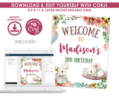 Editable Koala Welcome Sign, Floral Birthday Party (Instant Download)