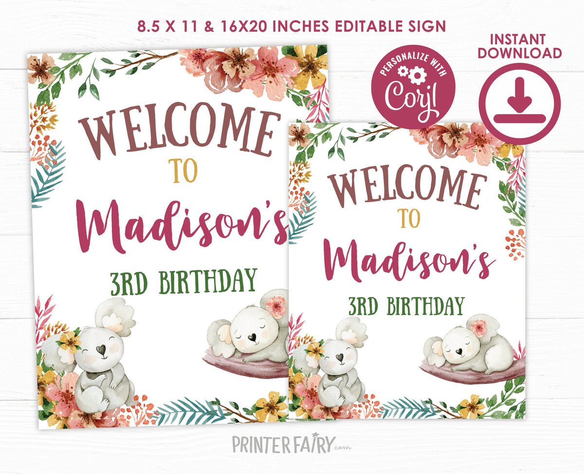 Editable Koala Welcome Sign, Floral Birthday Party (Instant Download)
