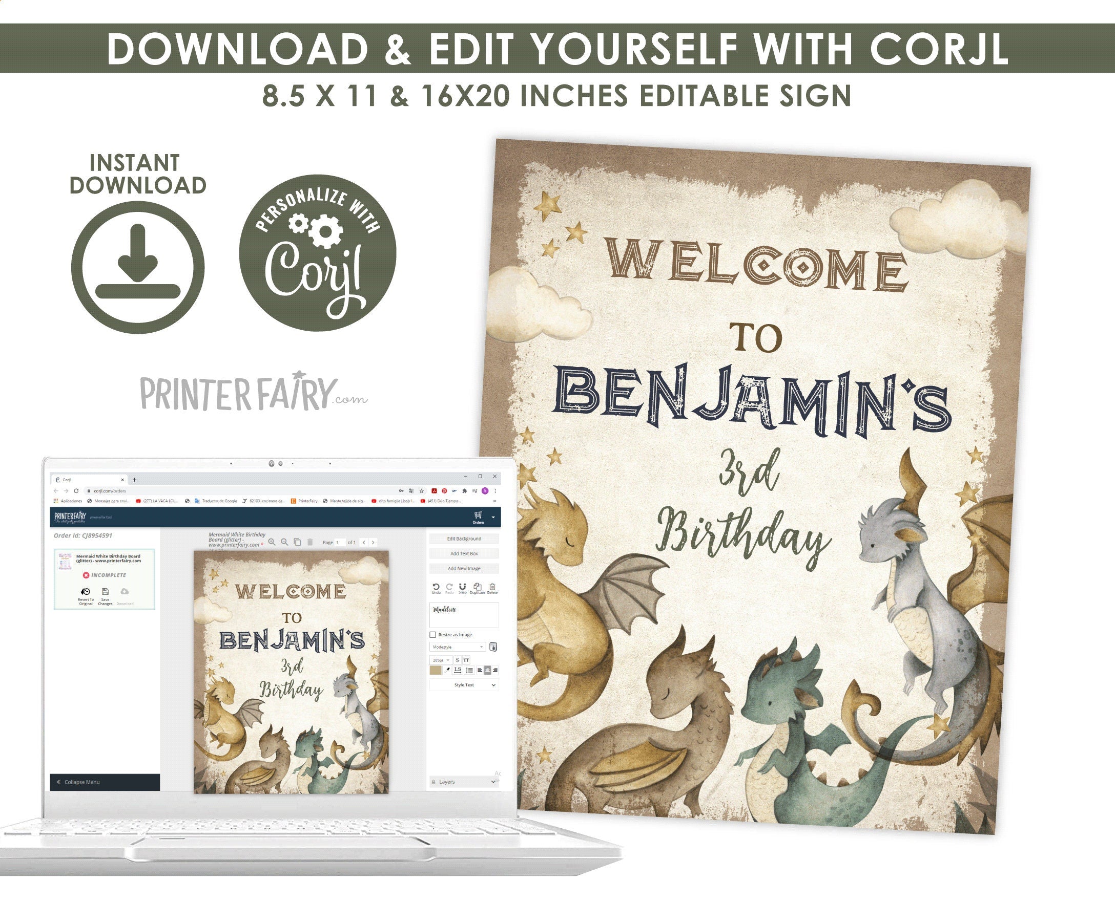 Dragon Birthday Party Welcome Sign EDITABLE template, Insant Download