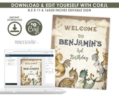 Dragon Birthday Party Welcome Sign EDITABLE template, Insant Download