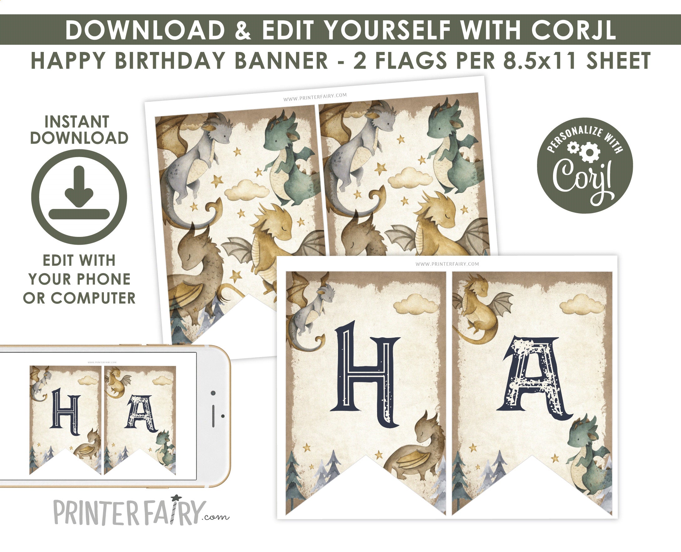 Dragon Birthday Party Printable Bunting Banner Editable Template, Instant Download