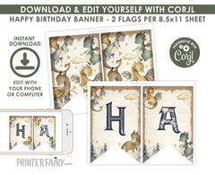 Dragon Birthday Party Printable Bunting Banner Editable Template, Instant Download