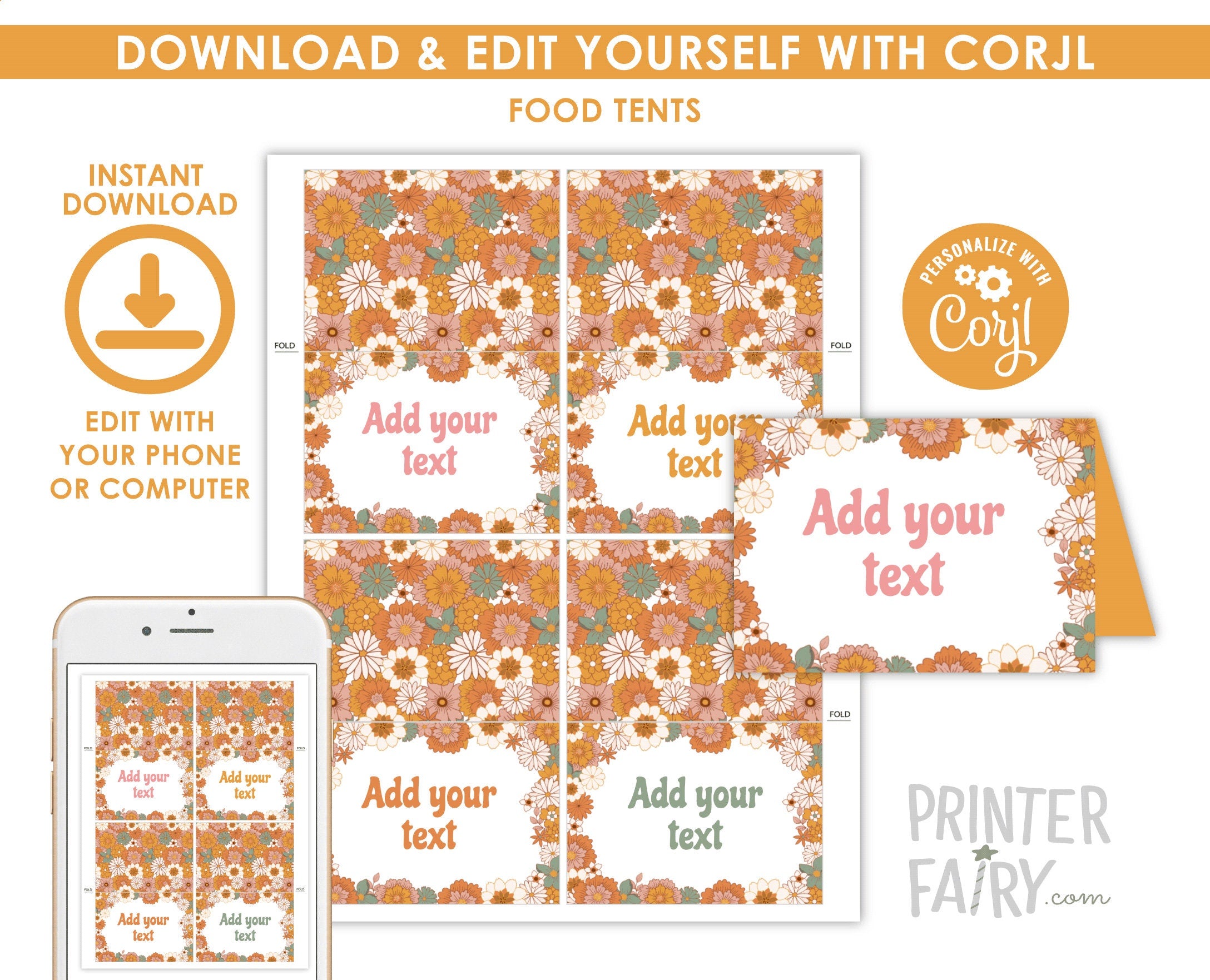 Boho Floral Food Tent Cards, Place Labels, Editable Template Instant Download