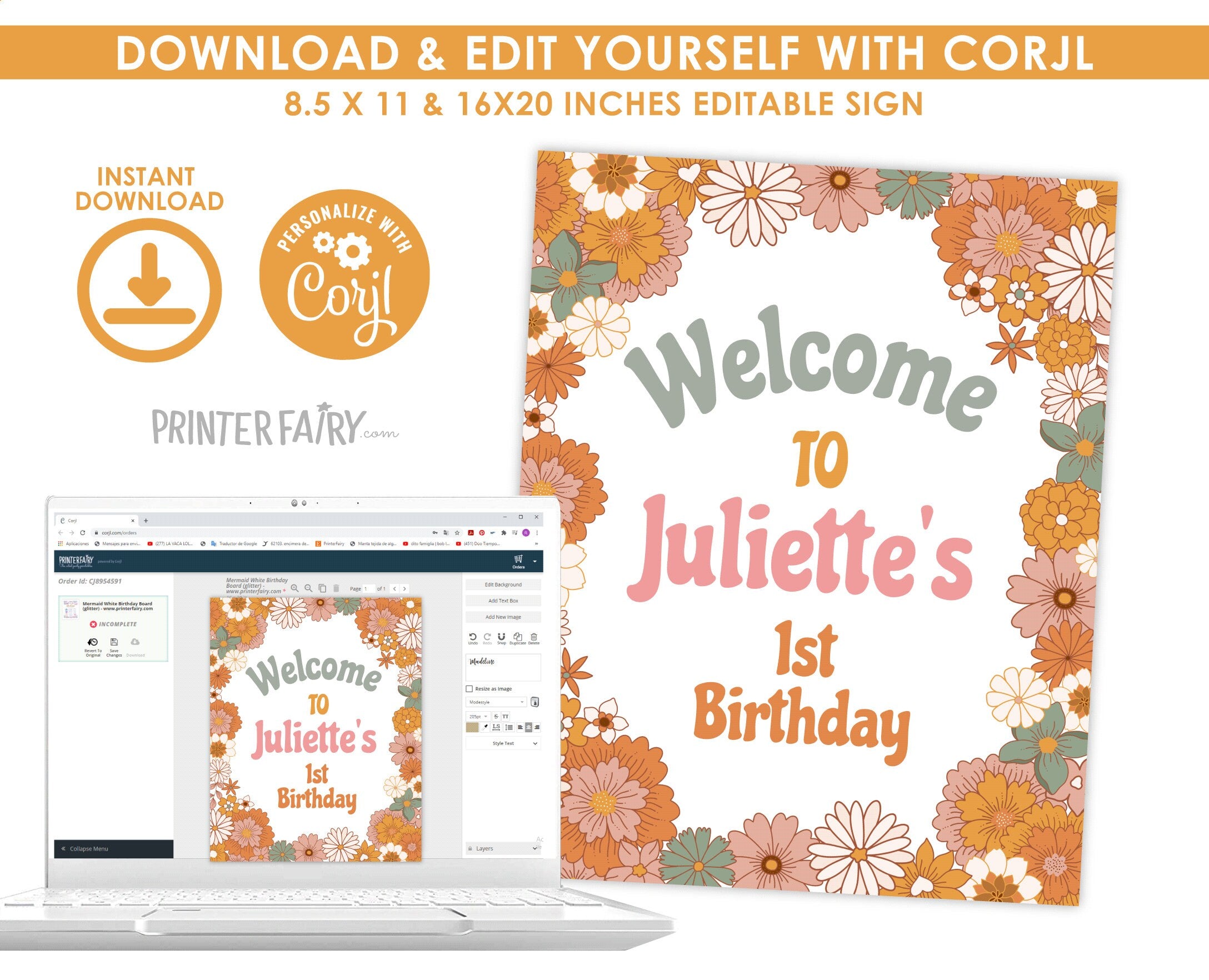 Hippie Floral Birthday Welcome Sign, Groovy Theme (INSTANT DOWNLOAD)