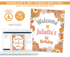 Hippie Floral Birthday Welcome Sign, Groovy Theme (INSTANT DOWNLOAD)