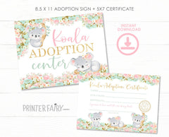 Koala Adoption Certificate & Sign, Birthday Party Decor (Digital Download)
