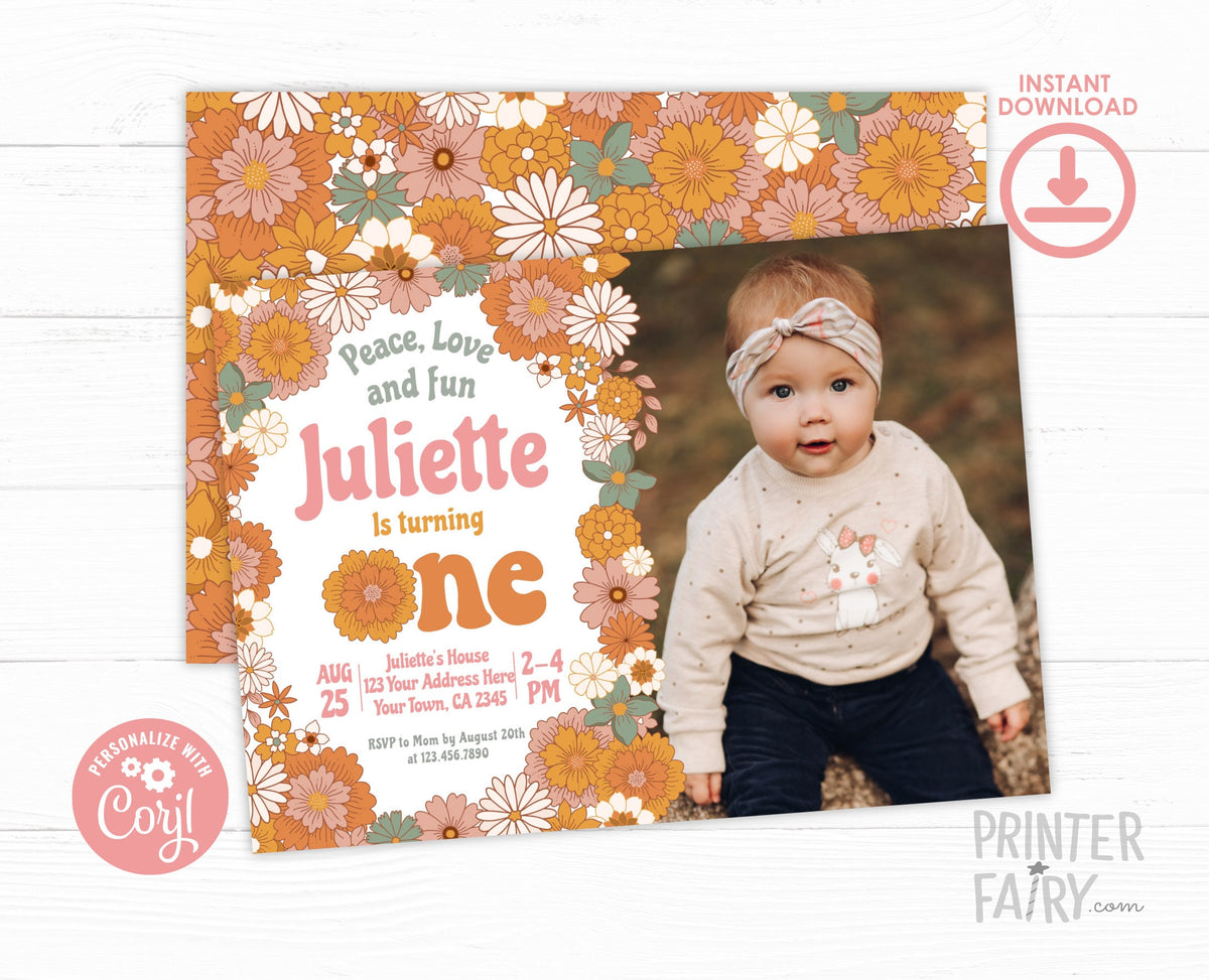 Hippie Floral Birthday Invitation, Retro Groovy One (Editable, Instant Download)