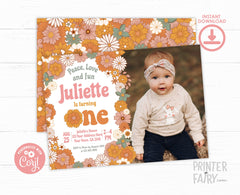 Hippie Floral Birthday Invitation, Retro Groovy One (Editable, Instant Download)
