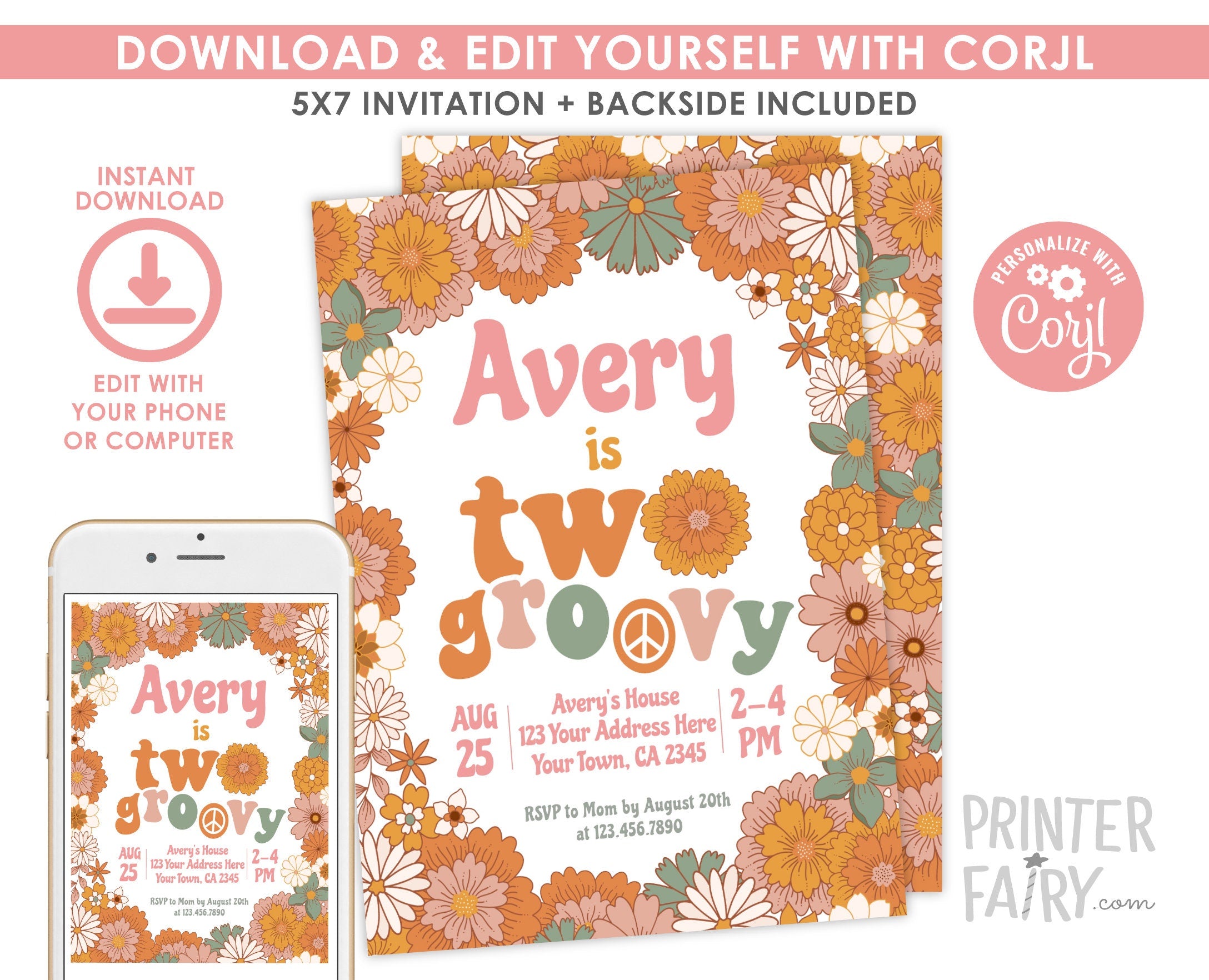 Hippie Floral Birthday Invitation, Retro Groovy Theme (INSTANT DOWNLOAD)