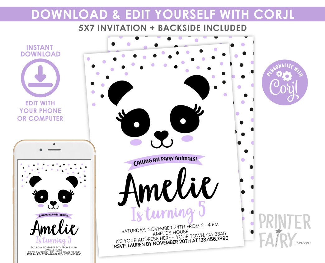 Panda Birthday Party Invitation Template, Black White & Purple, Edit Yourself, INSTANT DOWNLOAD