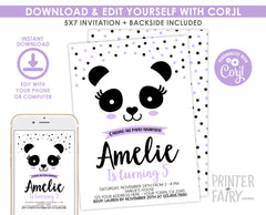 Panda Birthday Party Invitation Template, Black White & Purple, Edit Yourself, INSTANT DOWNLOAD