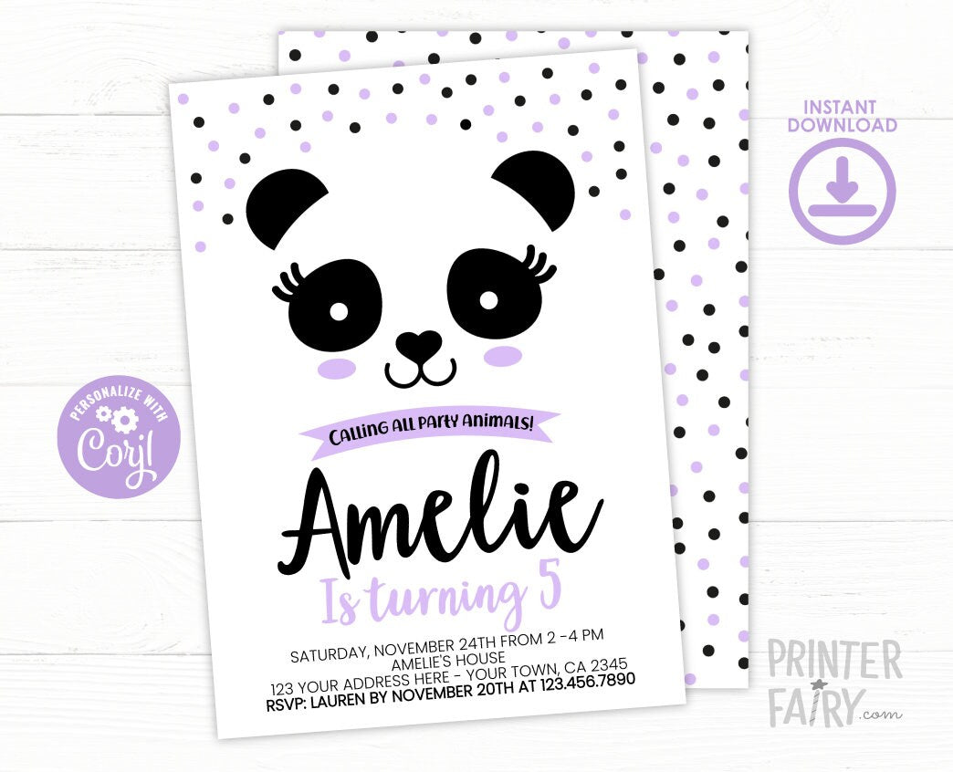 Panda Birthday Party Invitation Template, Black White & Purple, Edit Yourself, INSTANT DOWNLOAD