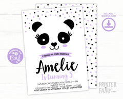 Panda Birthday Party Invitation Template, Black White & Purple, Edit Yourself, INSTANT DOWNLOAD