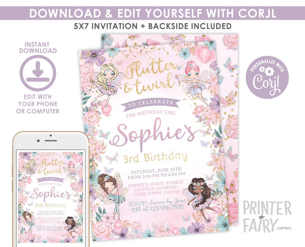 Fairy Ballerina Birthday Invitation, Editable Template (Digital Download)