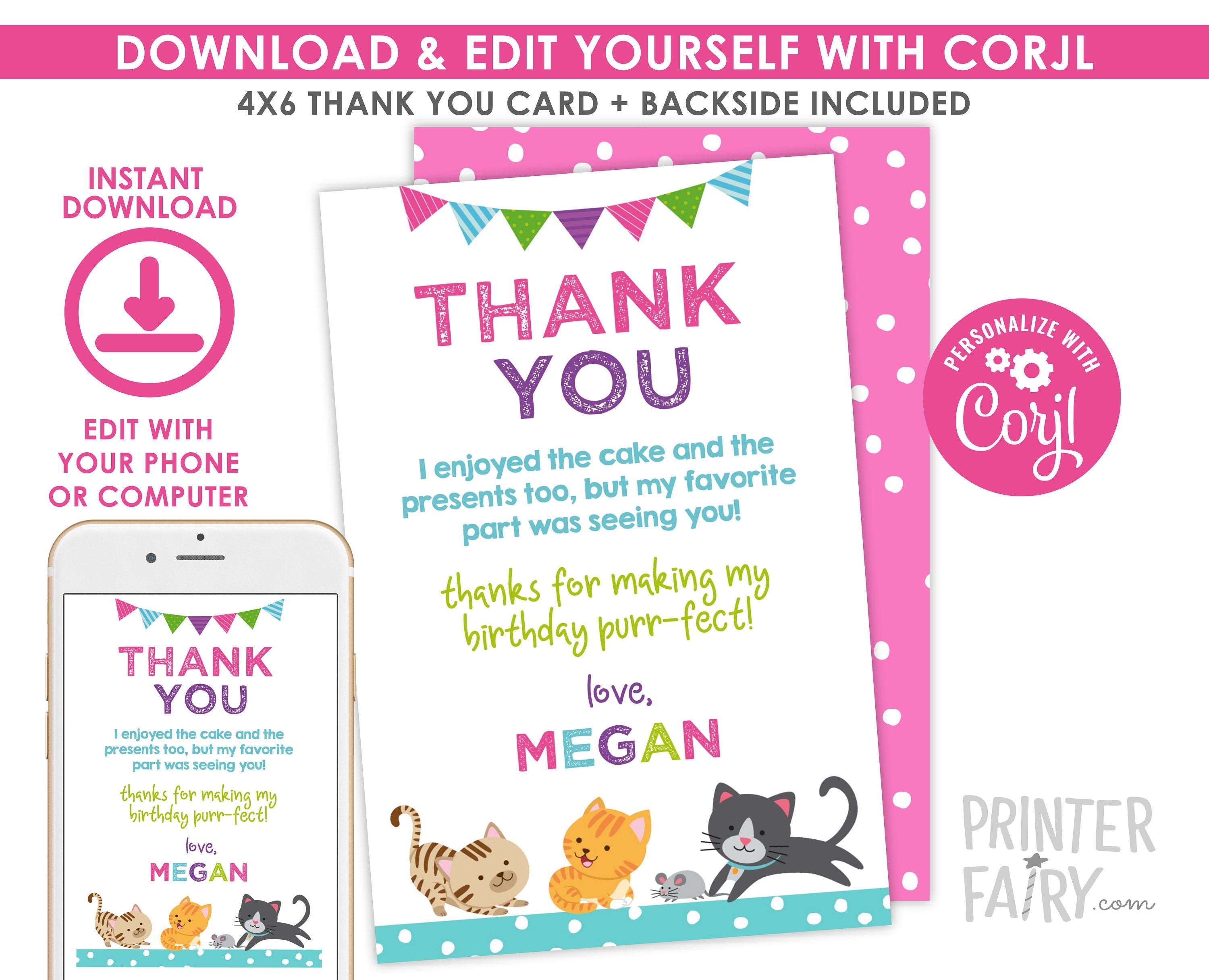Editable Kitty Cat Thank You Card, Pet Birthday (Instant Download)