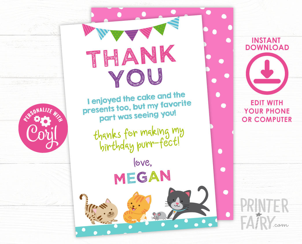 Editable Kitty Cat Thank You Card, Pet Birthday (Instant Download)