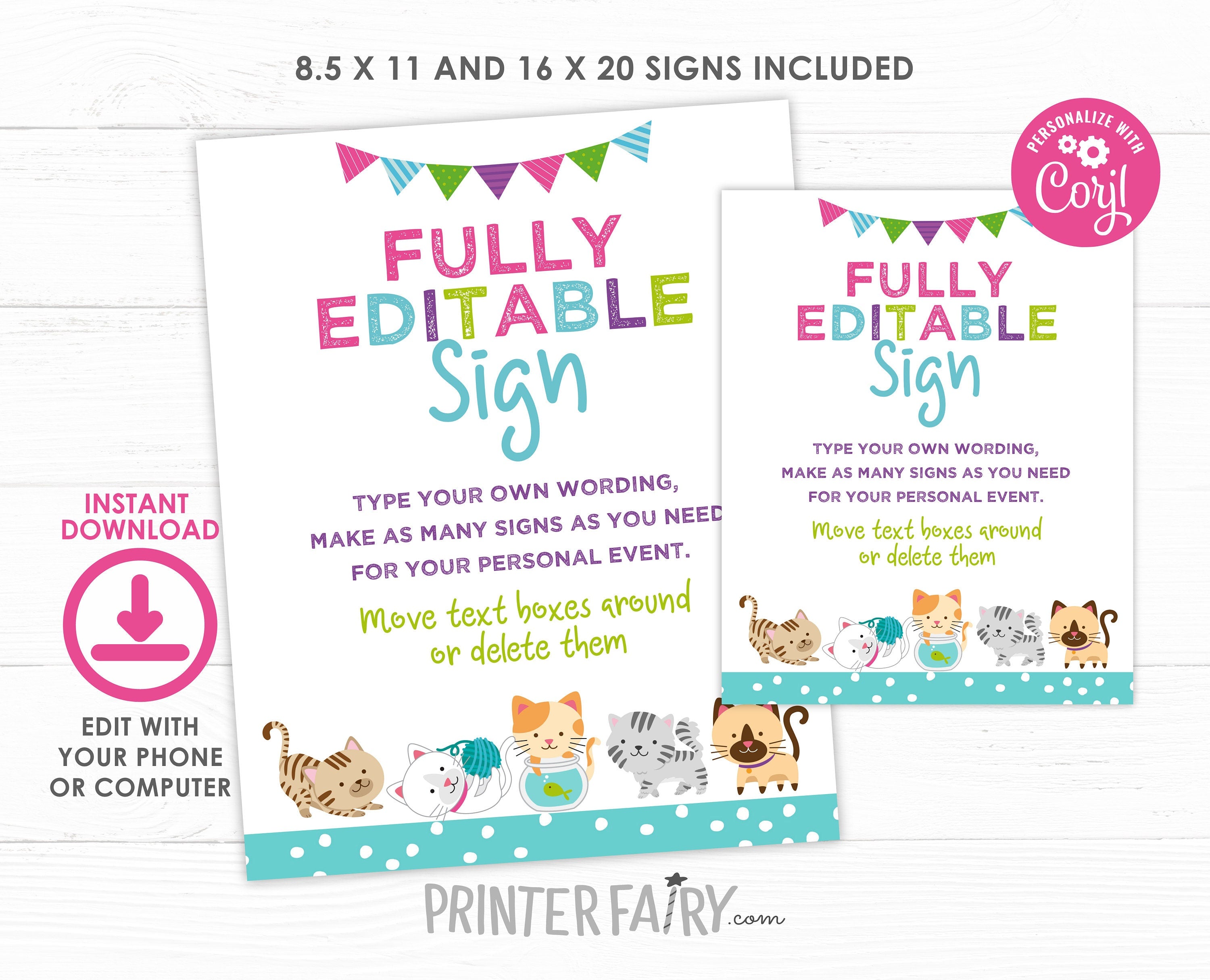 Editable Kitty Cat Birthday Sign, Pawty Decorations (Instant Download)