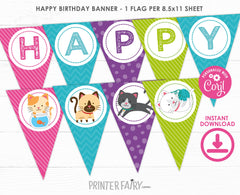 Kitty Cat Birthday Banner, Pawty Decorations (Editable, Instant Download)