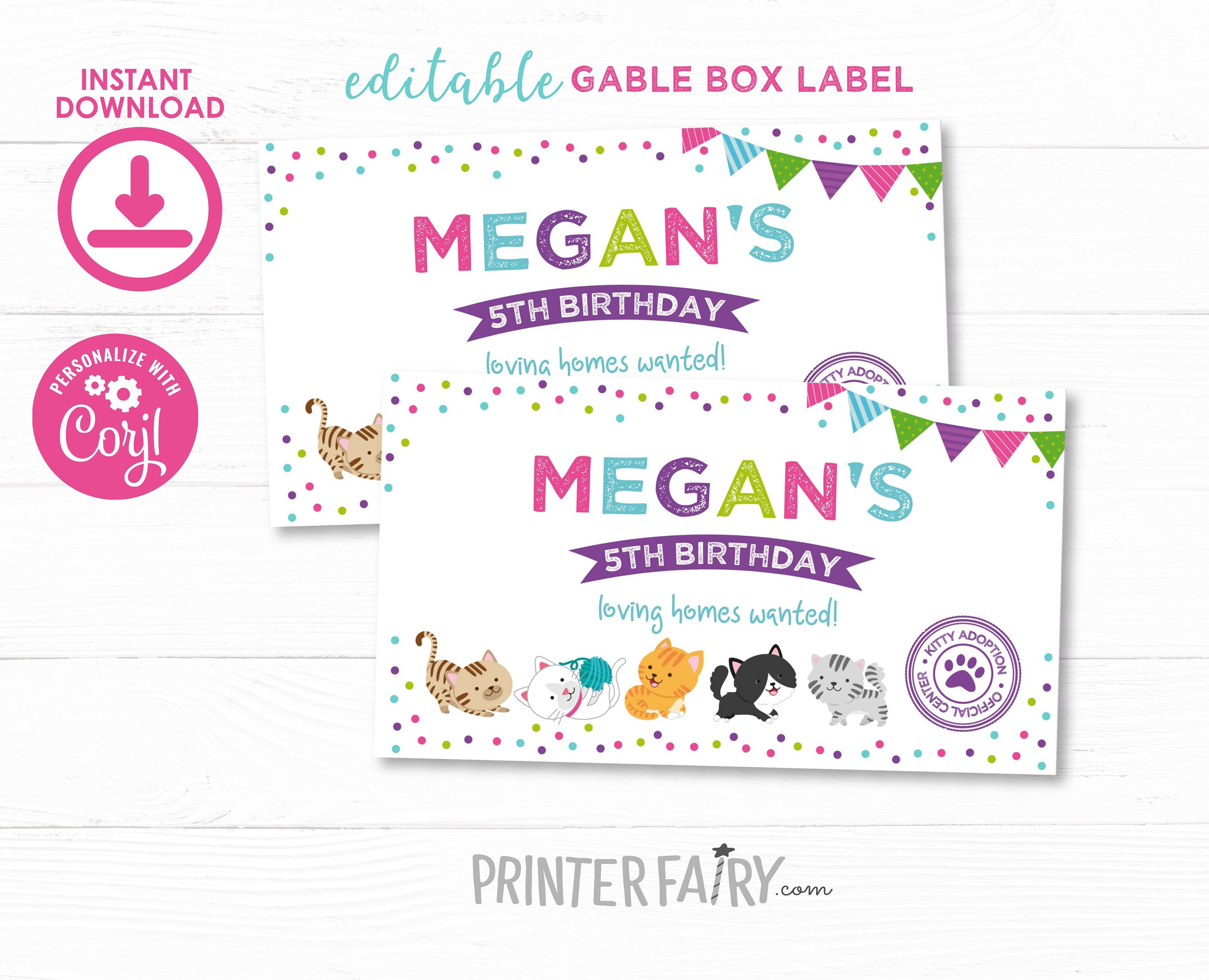 Kitty Cat Adoption Party Gable Box Labels and Tags, Editable Template (Instant Download)