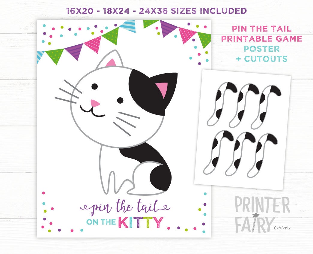 Kitty Cat Party Pin the Tail Printable Game, INSTANT DOWNLOAD