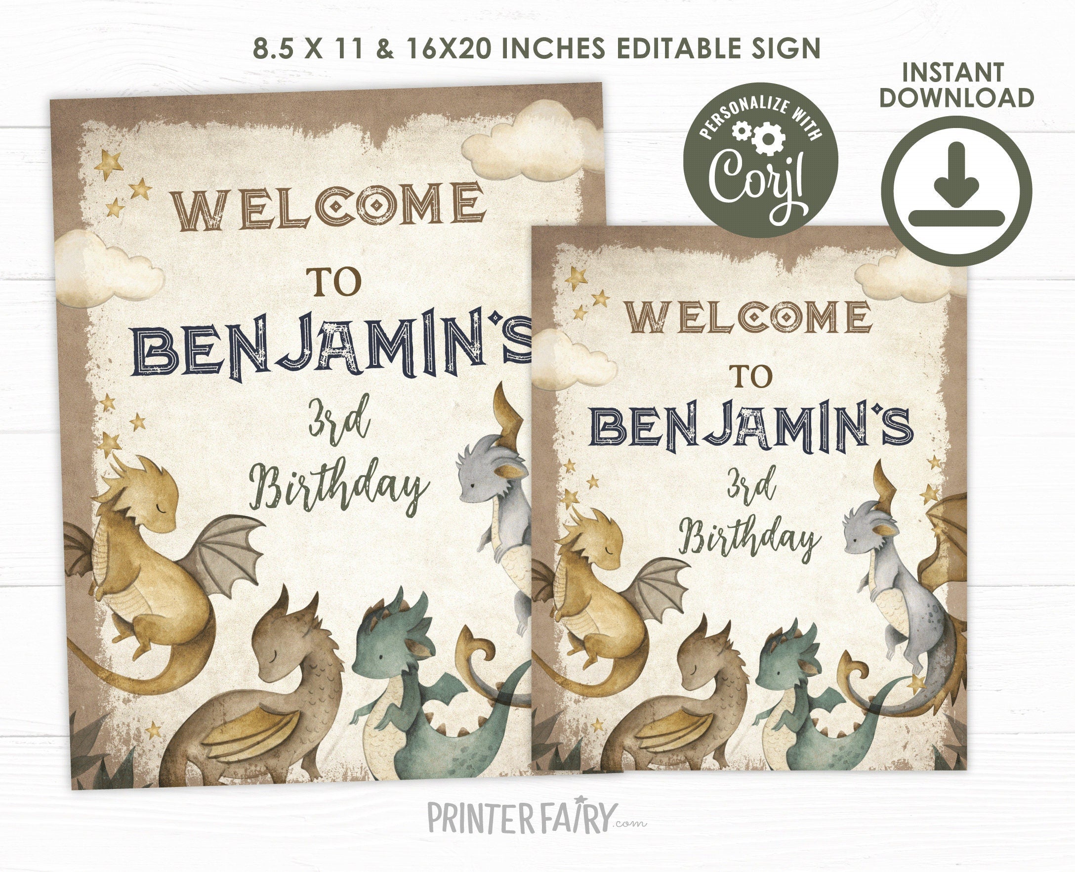Dragon Birthday Party Welcome Sign EDITABLE template, Insant Download
