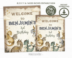 Dragon Birthday Party Welcome Sign EDITABLE template, Insant Download
