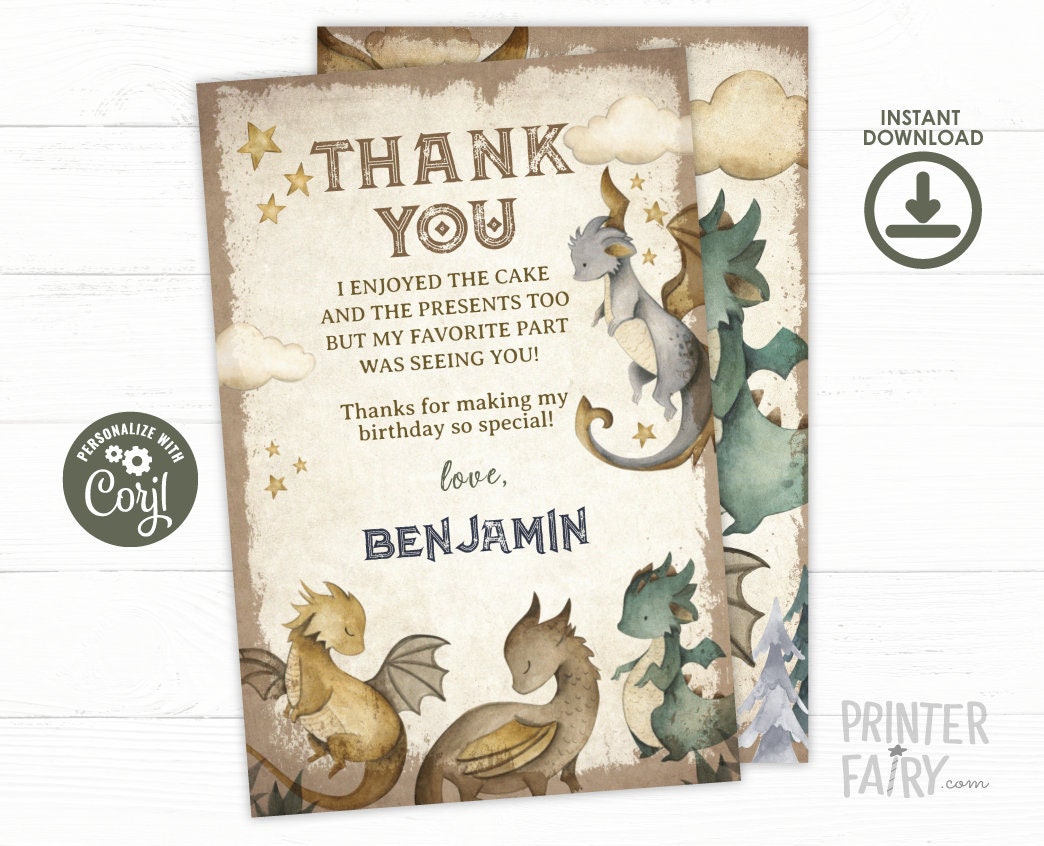 Dragon Birthday Party Thank You Cards Editable Template, Instant Download