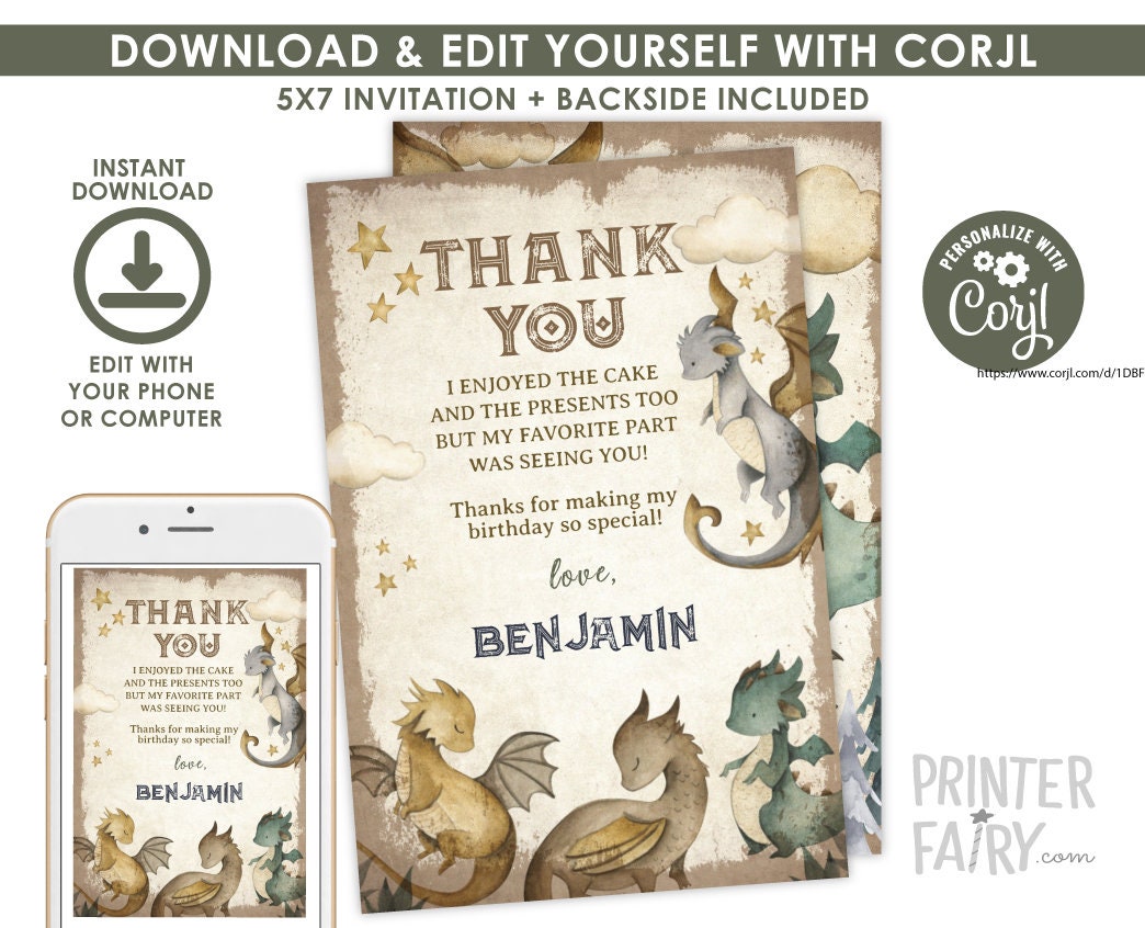 Dragon Birthday Party Thank You Cards Editable Template, Instant Download