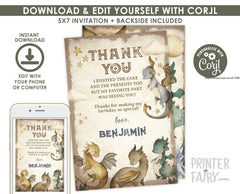 Dragon Birthday Party Thank You Cards Editable Template, Instant Download