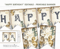 Dragon Birthday Party Printable Bunting Banner Editable Template, Instant Download