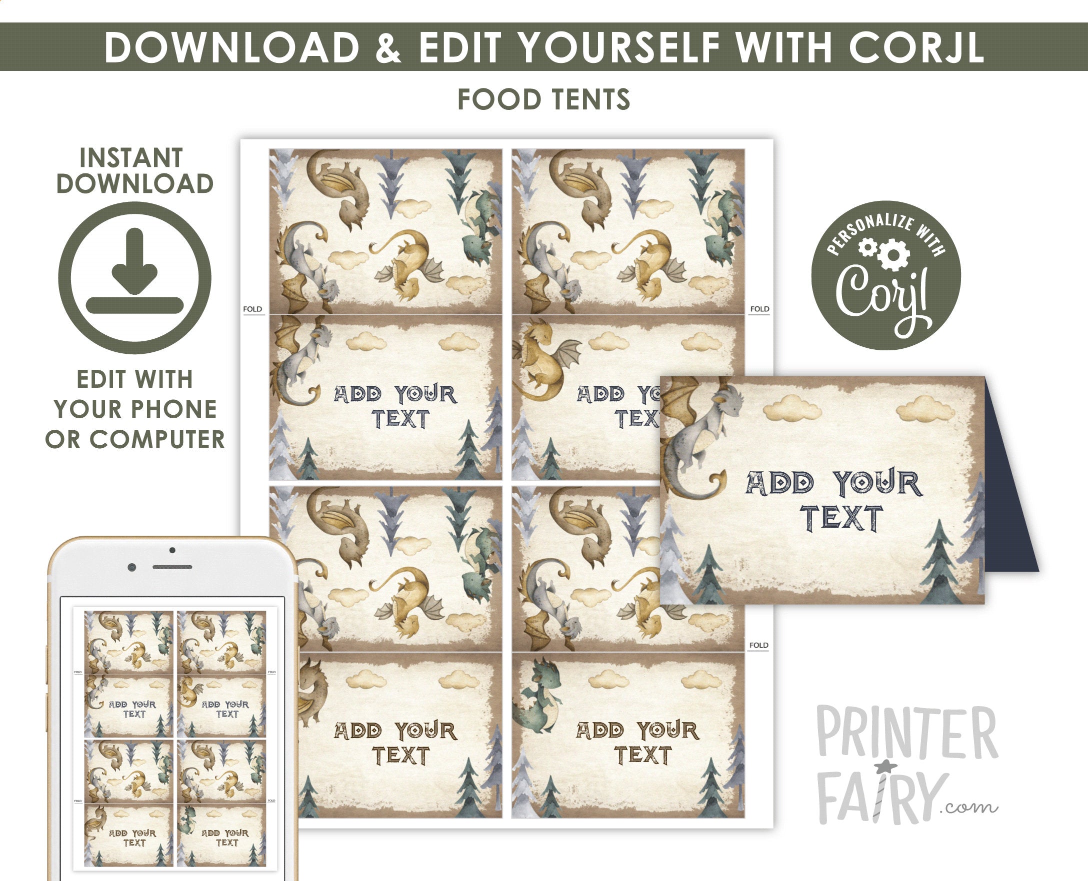 Dragon Birthday Party Printable Food Tents Table Decorations, Instant Download