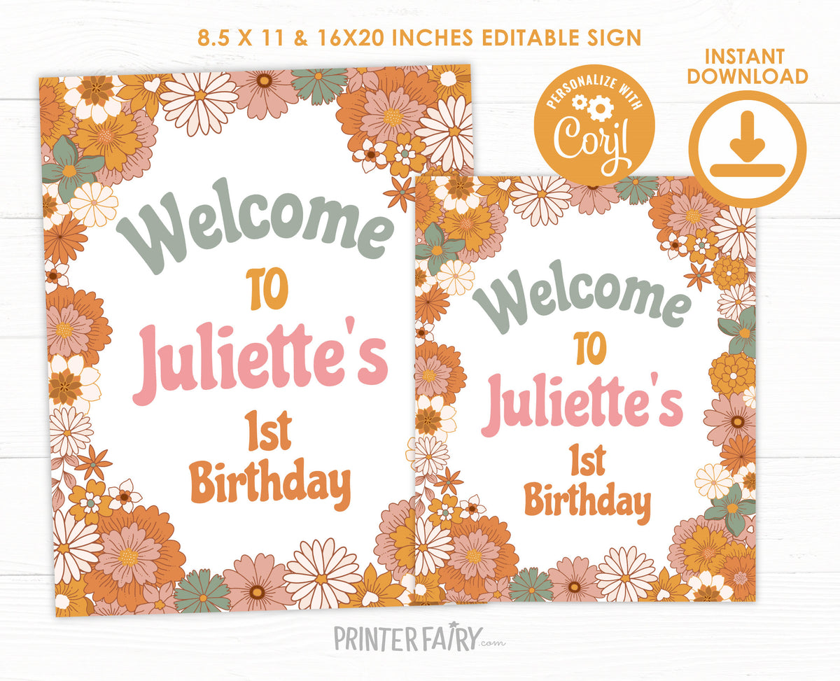 Hippie Floral Birthday Welcome Sign, Groovy Theme (INSTANT DOWNLOAD)