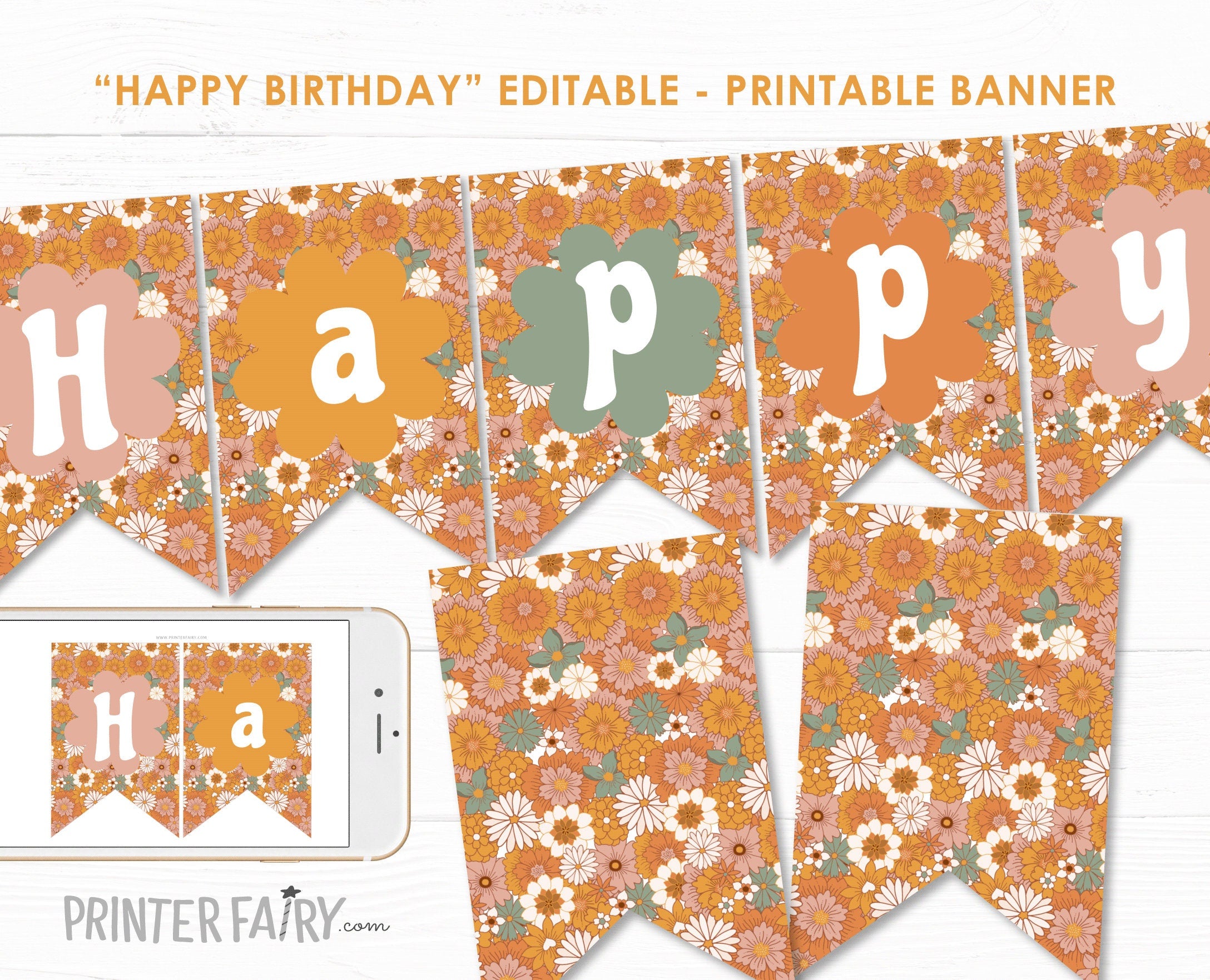 Editable Hippie Floral Birthday Banner (Instant Download)
