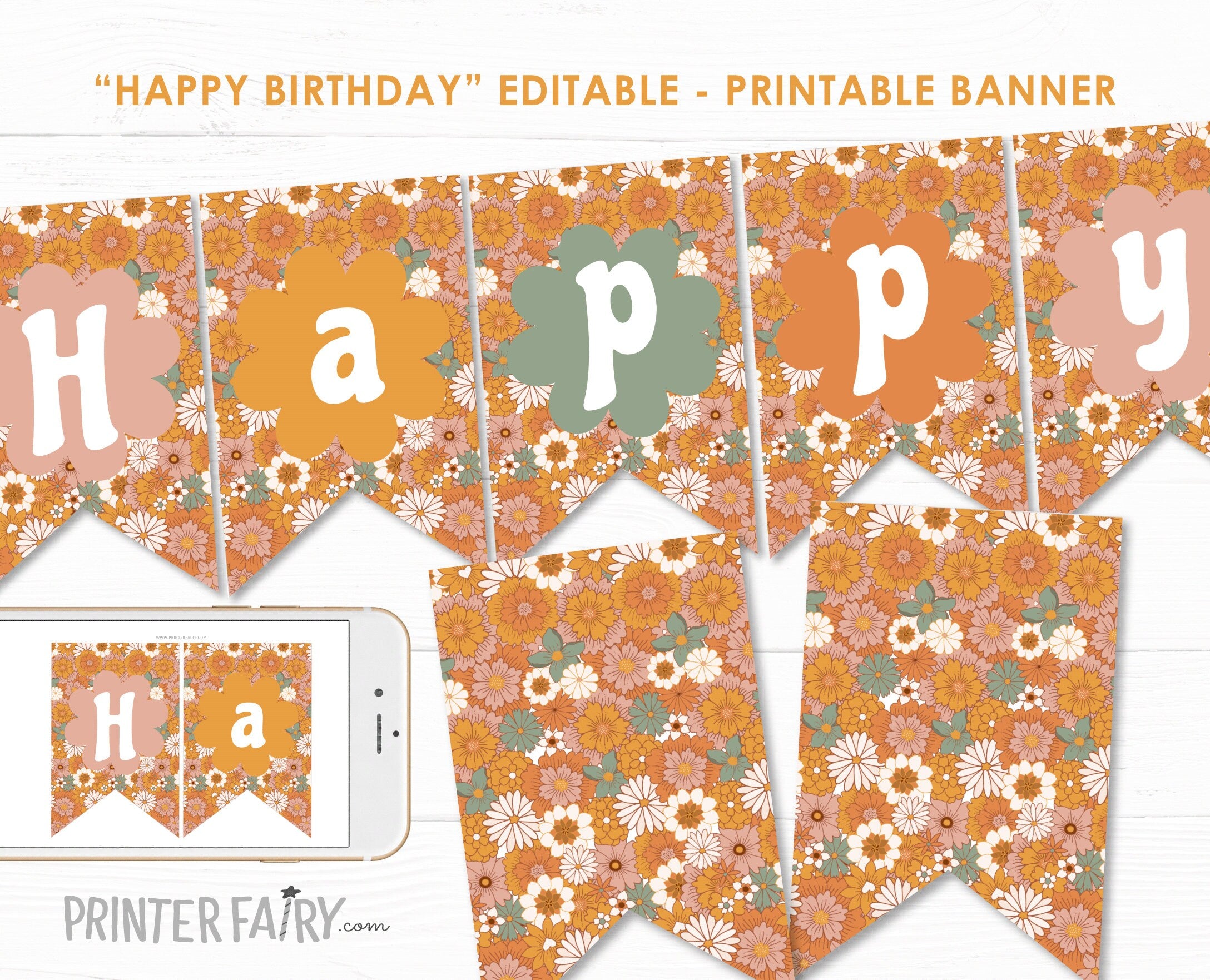 Editable Hippie Floral Birthday Banner (Instant Download)