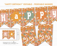 Editable Hippie Floral Birthday Banner (Instant Download)