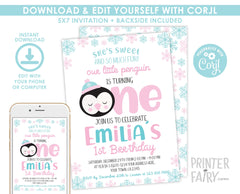 Penguin 1st Birthday Invitation, Editable Winter Party (INSTANT DOWNLOAD)