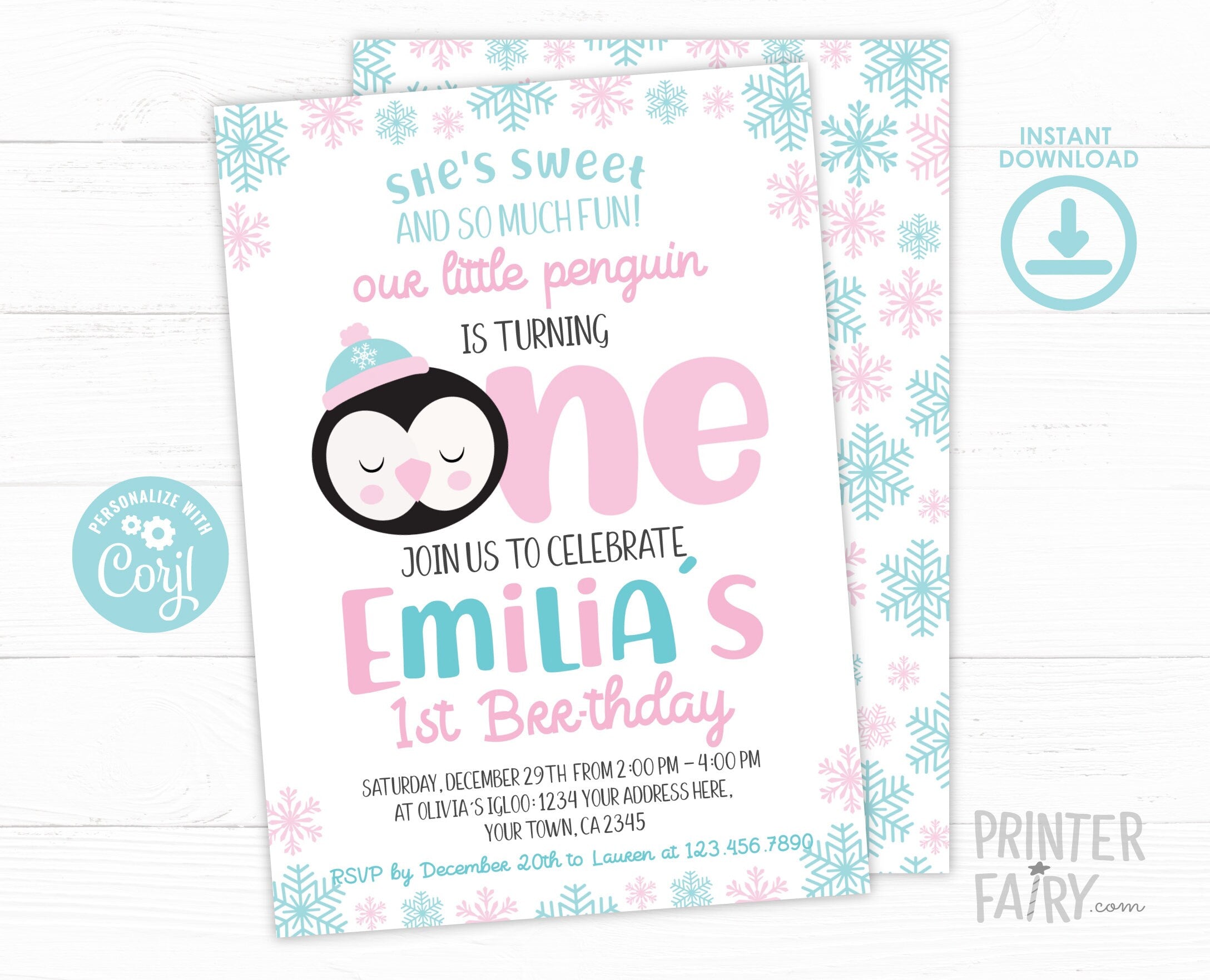 Penguin 1st Birthday Invitation, Editable Winter Party (INSTANT DOWNLOAD)