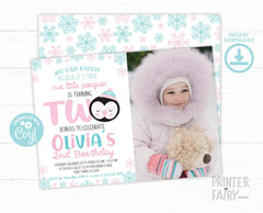 Penguin Birthday Invitation with Photo, Winter Party (EDITABLE INSTANT DOWNLOAD)