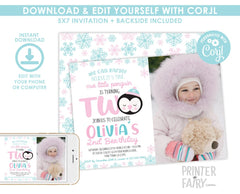 Penguin Birthday Invitation with Photo, Winter Party (EDITABLE INSTANT DOWNLOAD)