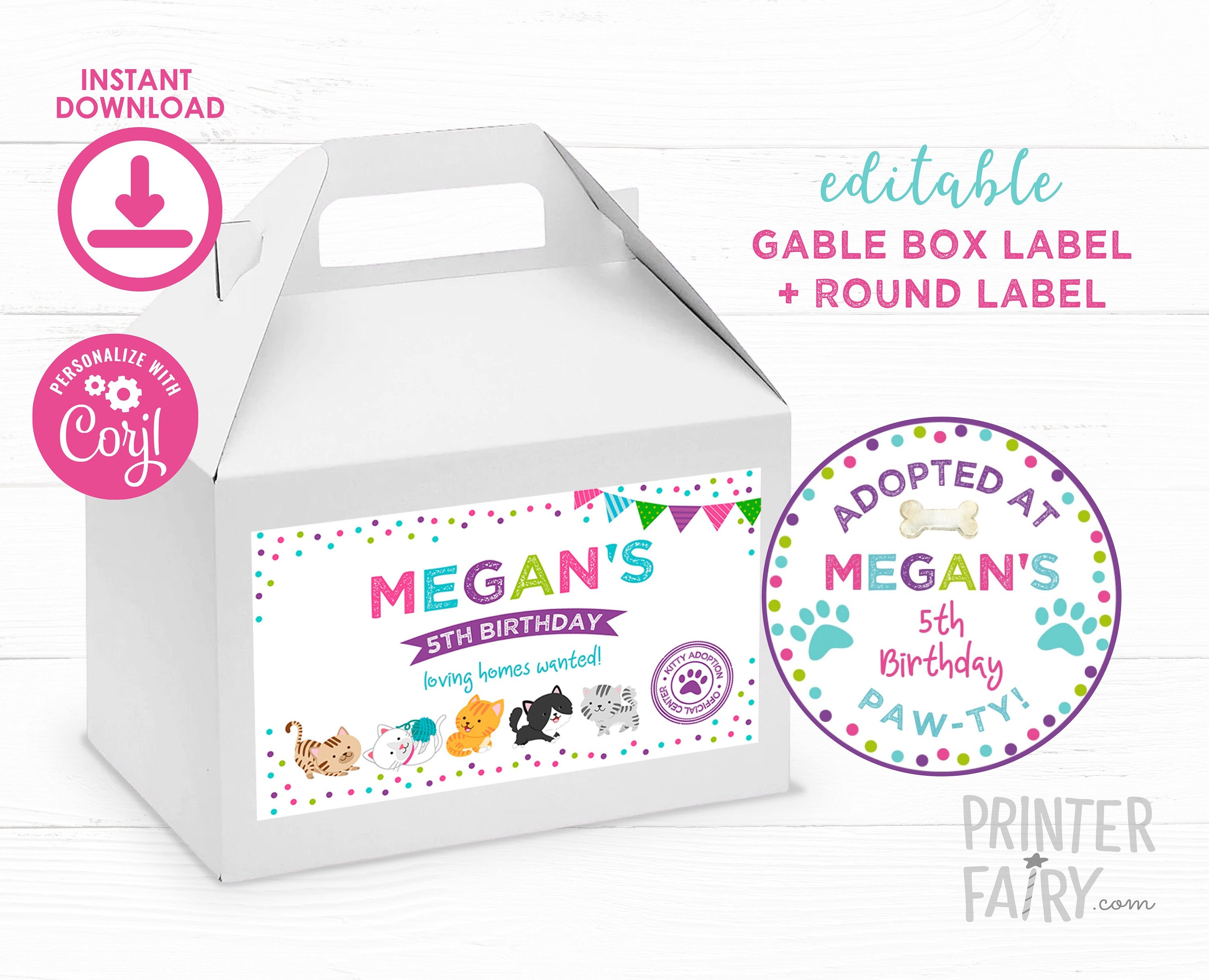 Kitty Cat Adoption Party Gable Box Labels and Tags, Editable Template (Instant Download)