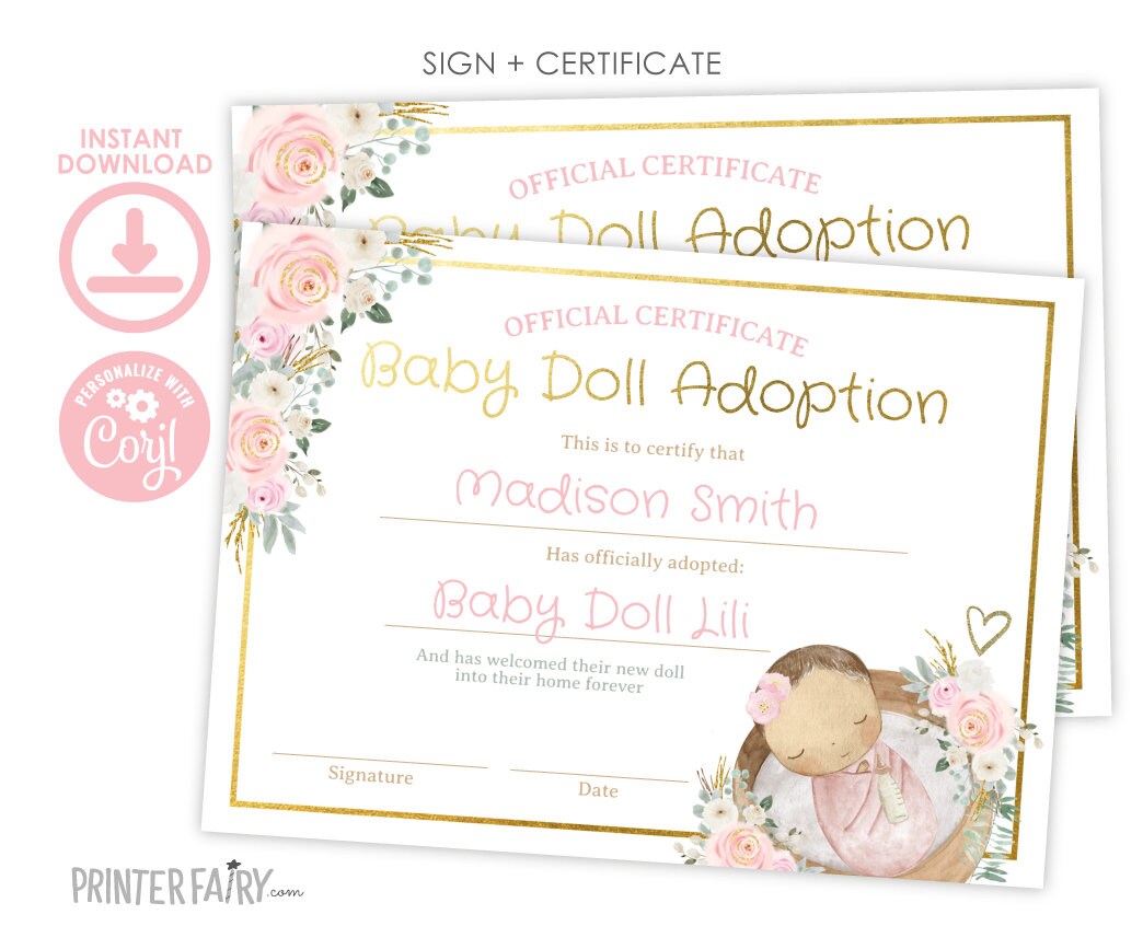 Doll Adoption Certificate, Floral Party Sign (EDITABLE Digital Download)