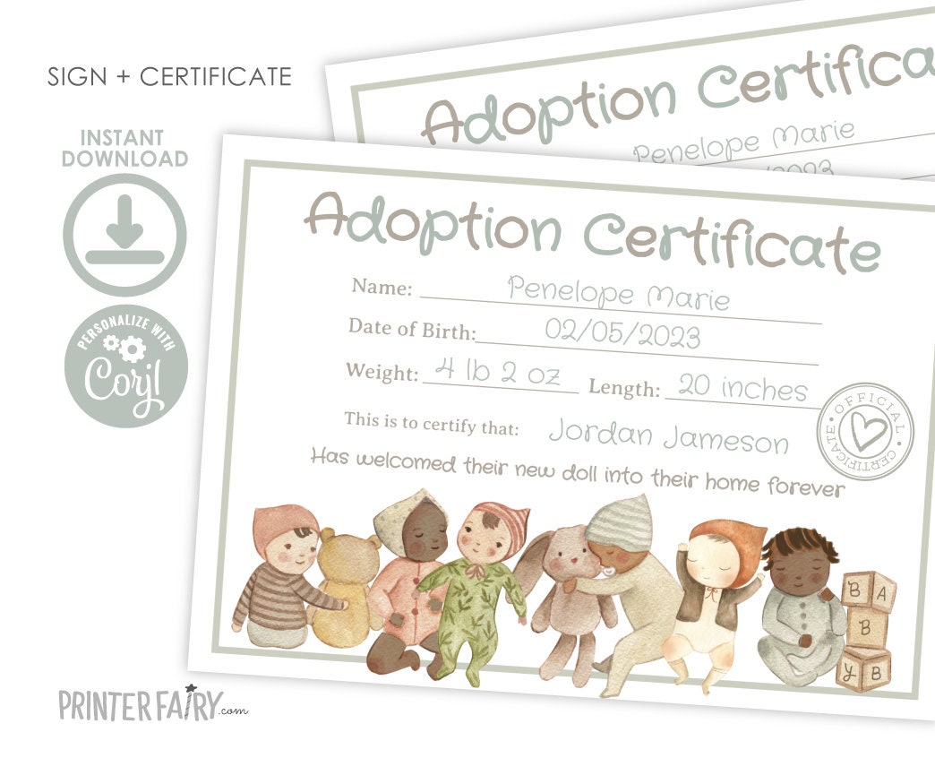 Editable Doll Adoption Certificate, Floral Birthday Party Sign (Instant Download)