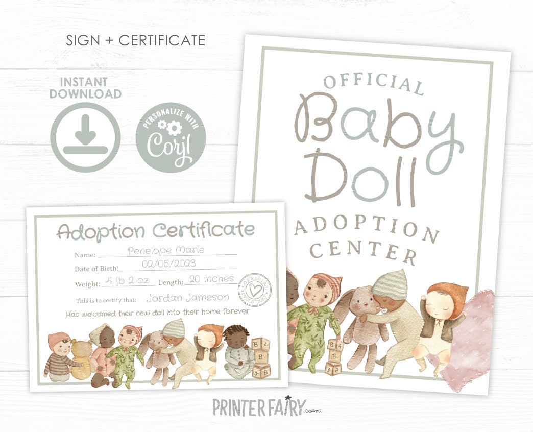 Editable Doll Adoption Certificate, Floral Birthday Party Sign (Instant Download)