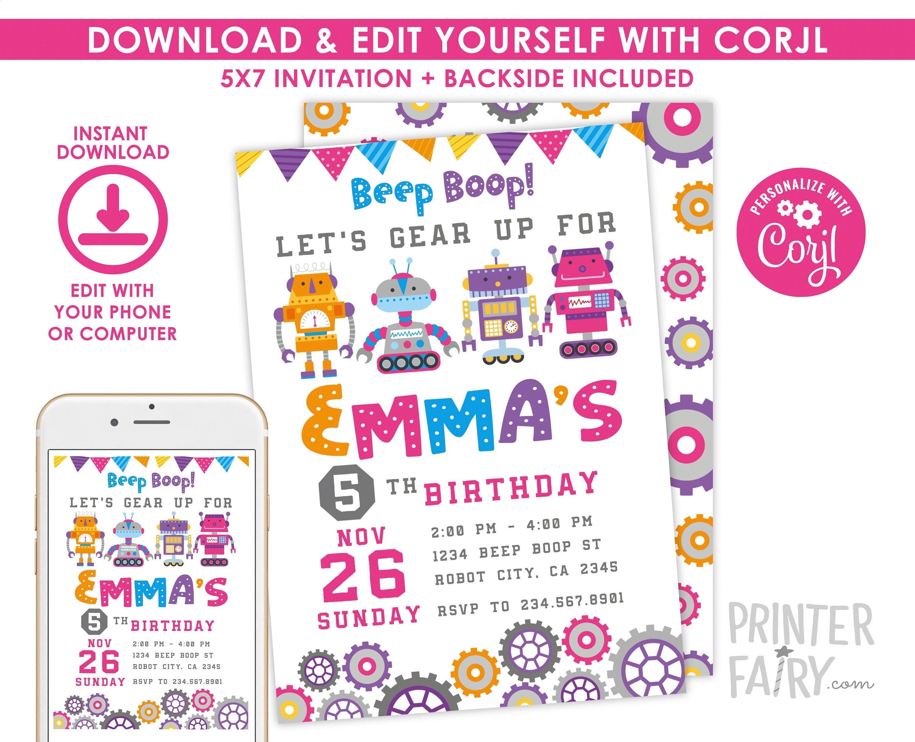 Retro Robot Birthday Invitation, Beep Boop Party (EDITABLE, INSTANT DOWNLOAD)