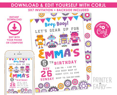 Retro Robot Birthday Invitation, Beep Boop Party (EDITABLE, INSTANT DOWNLOAD)