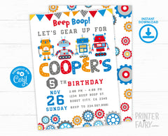 Retro Robot Birthday Invitation, Beep Boop Party, Editable (Instant Download)