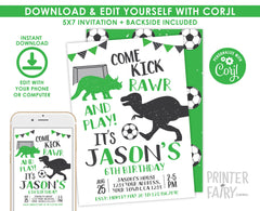 Dinosaur Soccer Birthday Invitation Editable Template, Instant Download