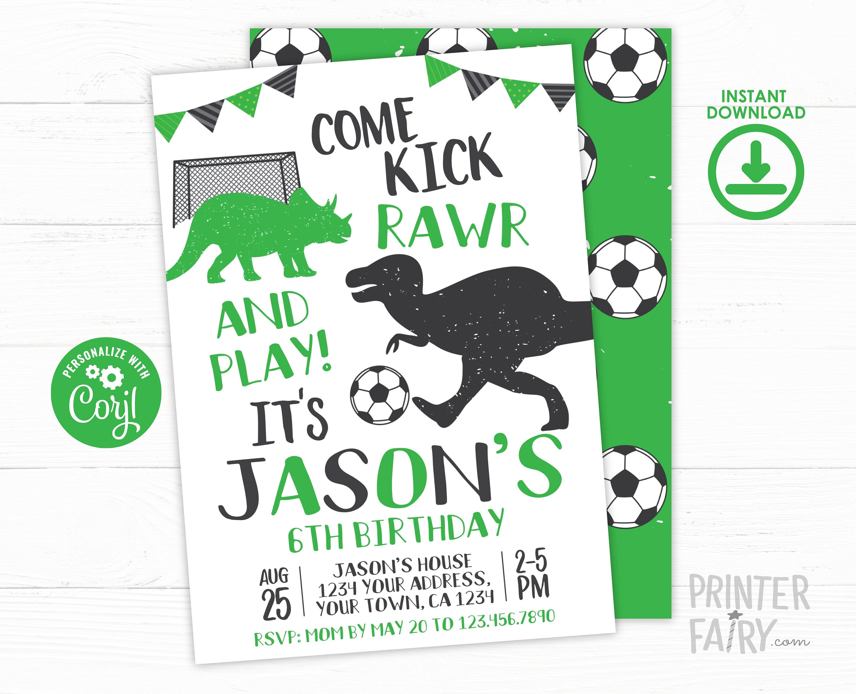 Dinosaur Soccer Birthday Invitation Editable Template, Instant Download