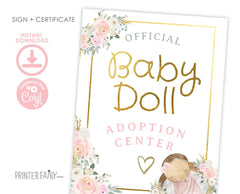 Doll Adoption Certificate, Floral Party Sign (EDITABLE Digital Download)